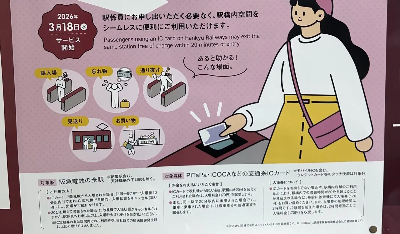 【神戸市】神対応(≧▽≦)  阪急電鉄で「20分以内・同一駅」のICカード入出場が無料に♪ 2026年3月18日から新サービス開始