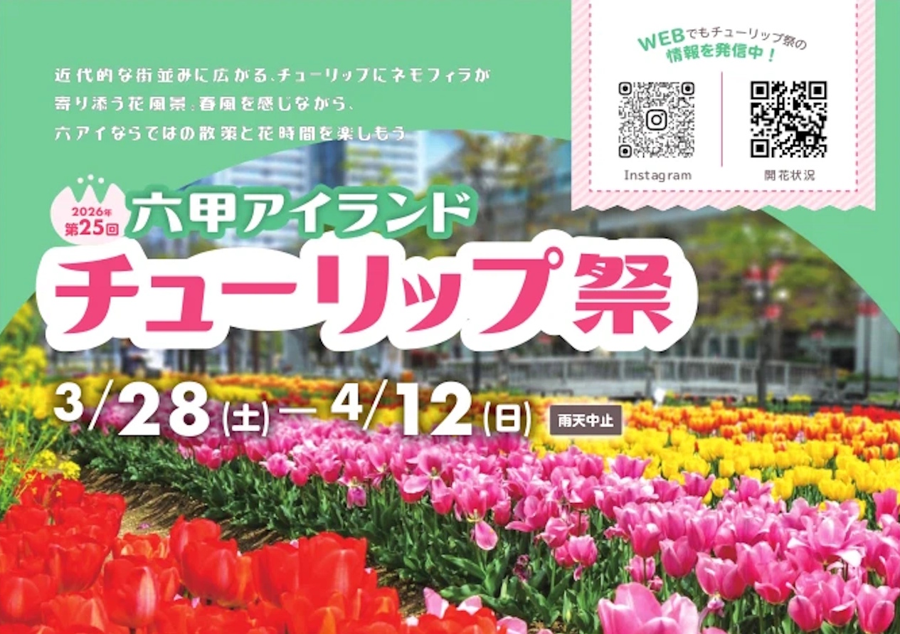 【神戸市東灘区】春の風物詩 第25回 六甲アイランド『チューリップ祭』2026年3月28日(土)〜4月12日(日)開催♪ライトアップもスタート！