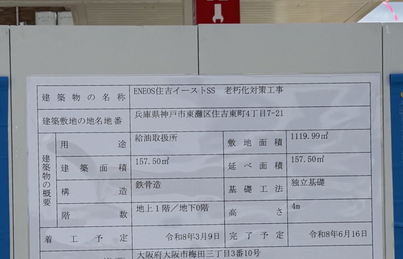 【神戸市東灘区】国道２号線「ENEOS EneJet 住吉イーストSS」 が改装工事スタート。6月中旬オープン予定です。
