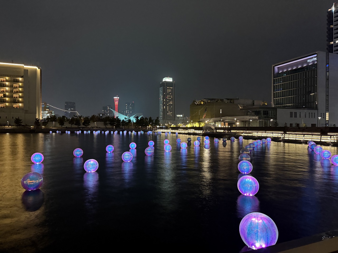 【神戸市中央区】TOTTEI KOBEで幻想の春夜景♪ 日本初上陸の水辺アートKOBE BUBBLUMI 2026と“光の桜”を見てきました！